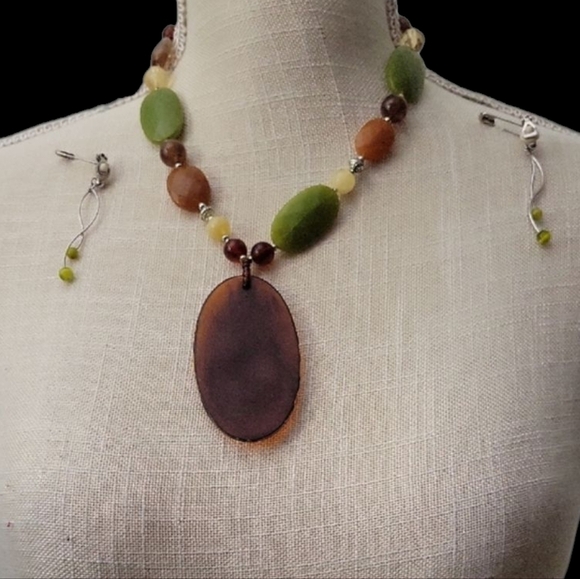 Earthy Green and Brown Beaded Necklace with Oval Pendant And Clip On Earings - Picture 1 of 3